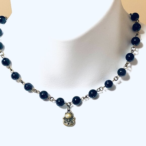 Dark Blue Goldstone Bronze Link Adjustable Short Necklace w/ Fortune Cat Charm - Picture 2 of 15